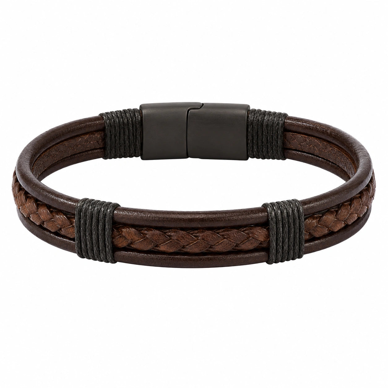 Braccialetto Multistrato in Pelle Intrecciata Marrone con Chiusura Magnetica