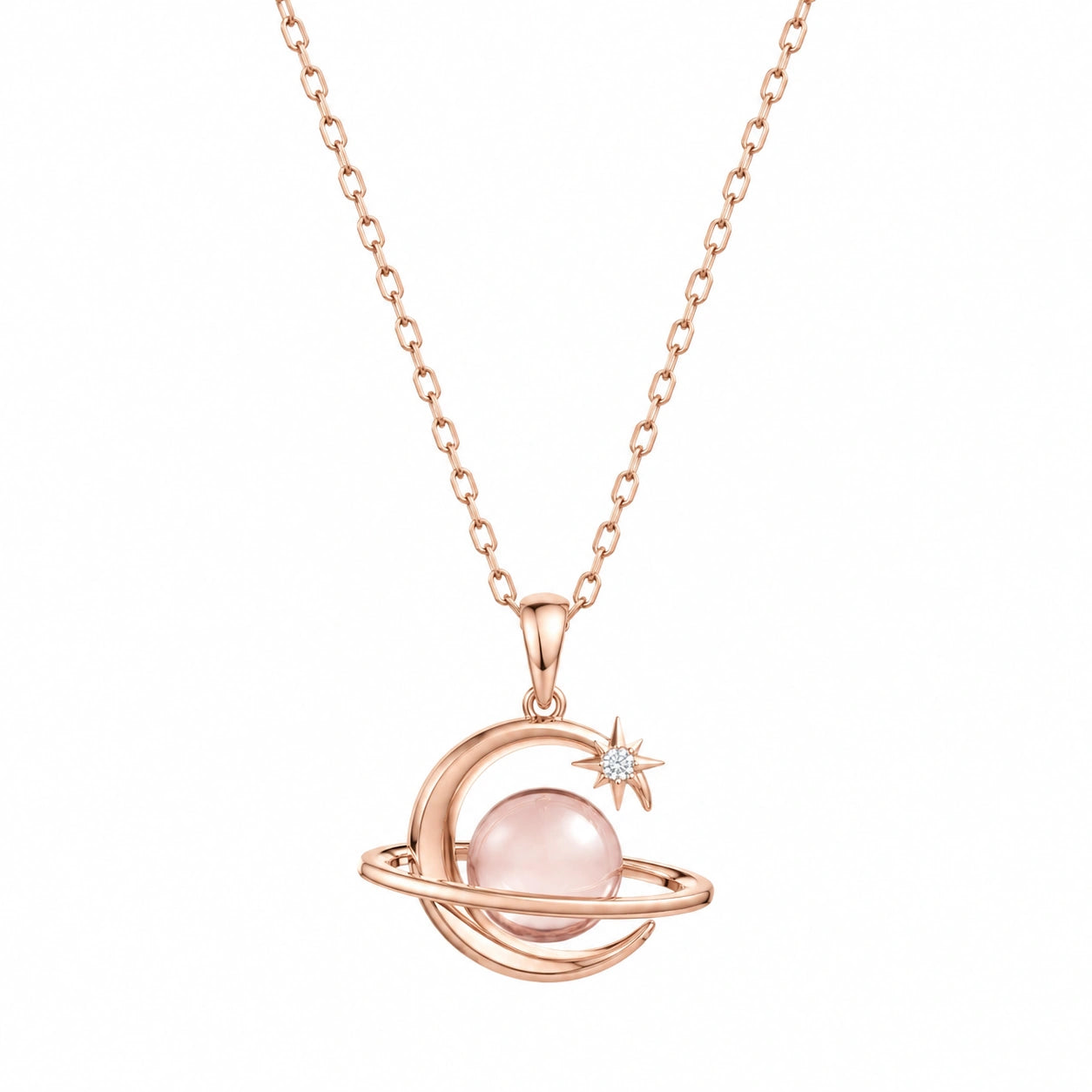 Collana Pendente Pianeta in Oro Rosa con Pietra Centrale Rosa